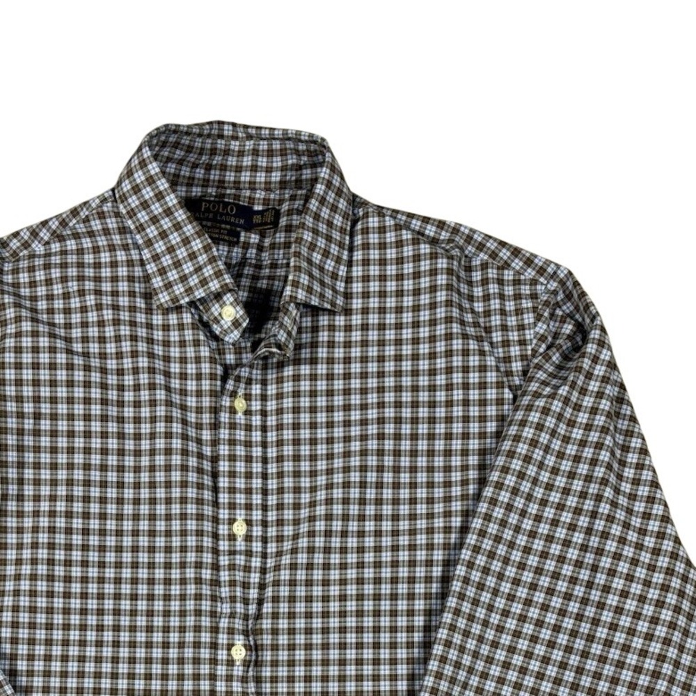 Polo‎ Ralph Lauren Men's XXL Classic Fit Blue & Brown Plaid Stretch Button Shirt
